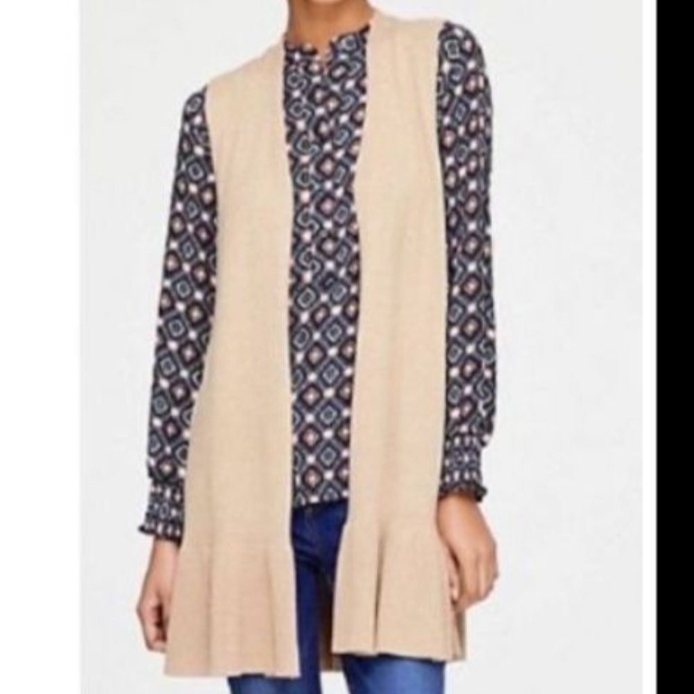TAN FALL CASUAL PEPLUM OPEN LONG VEST SWEATER - Picture 1 of 3
